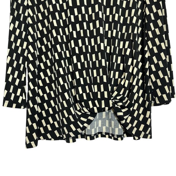 Clara Sunwoo Check Print Top Size L Black Cream Front Knot Stretch Knit Blouse - Picture 4 of 11